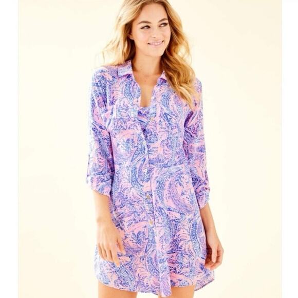 Lilly Pulitzer Natalie Shirtdress Cover-Up XS Coastal Blue Maybe Gator NWT/NEW!! - Picture 1 of 12